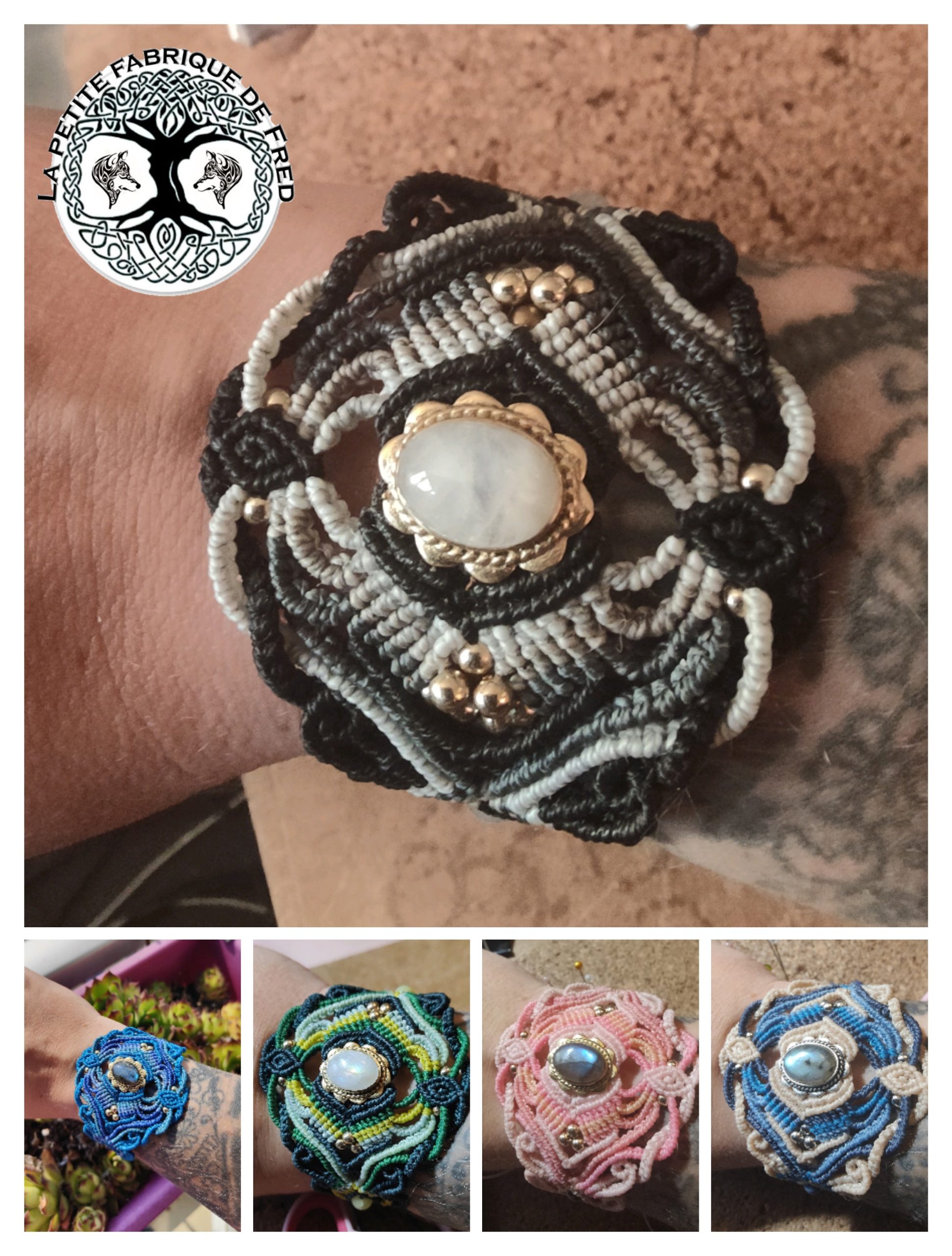 manchette macramé artisanale avec pierre centrale ovale